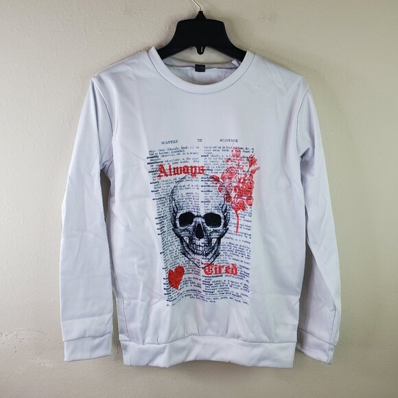 Unbranded Tops - Womens White "Always Tired" Skull Screenprint Sweatshirt M Nwot
